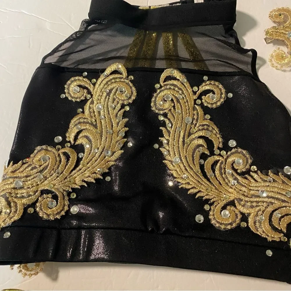 Custom glamorous mature solo dance costume 2 piece leather fringe black MC LC